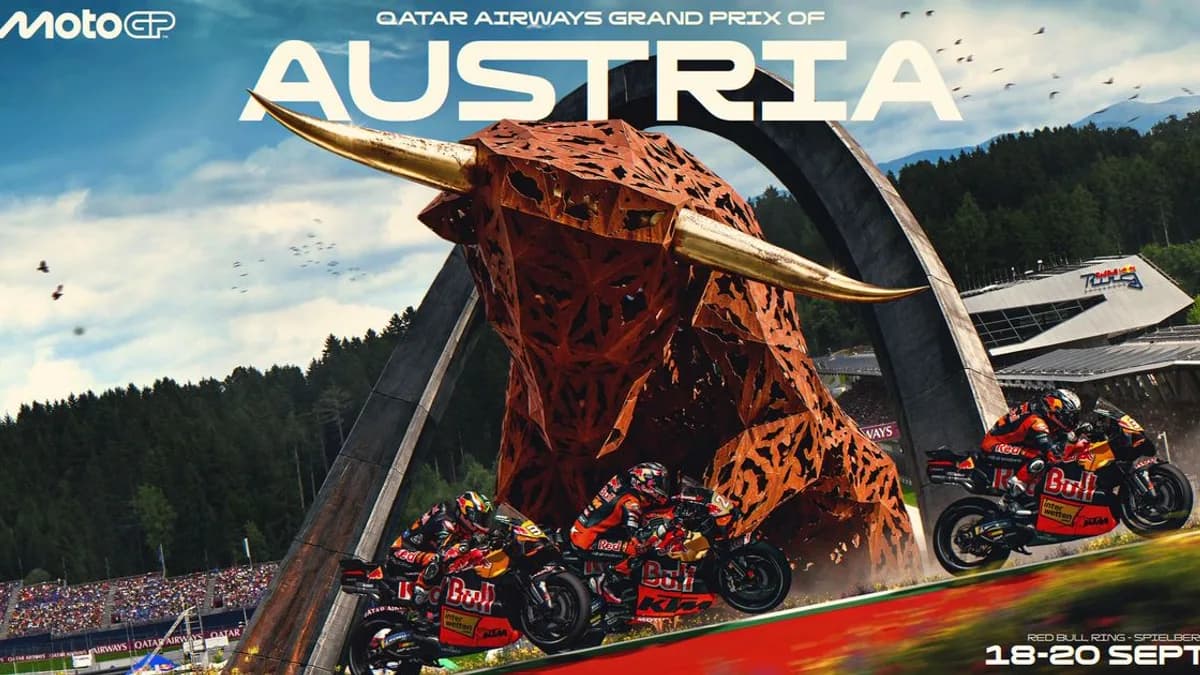 Official Austrian MotoGP event artwork shows racing motorcycles, mountains and the Red Bull Ring bull
