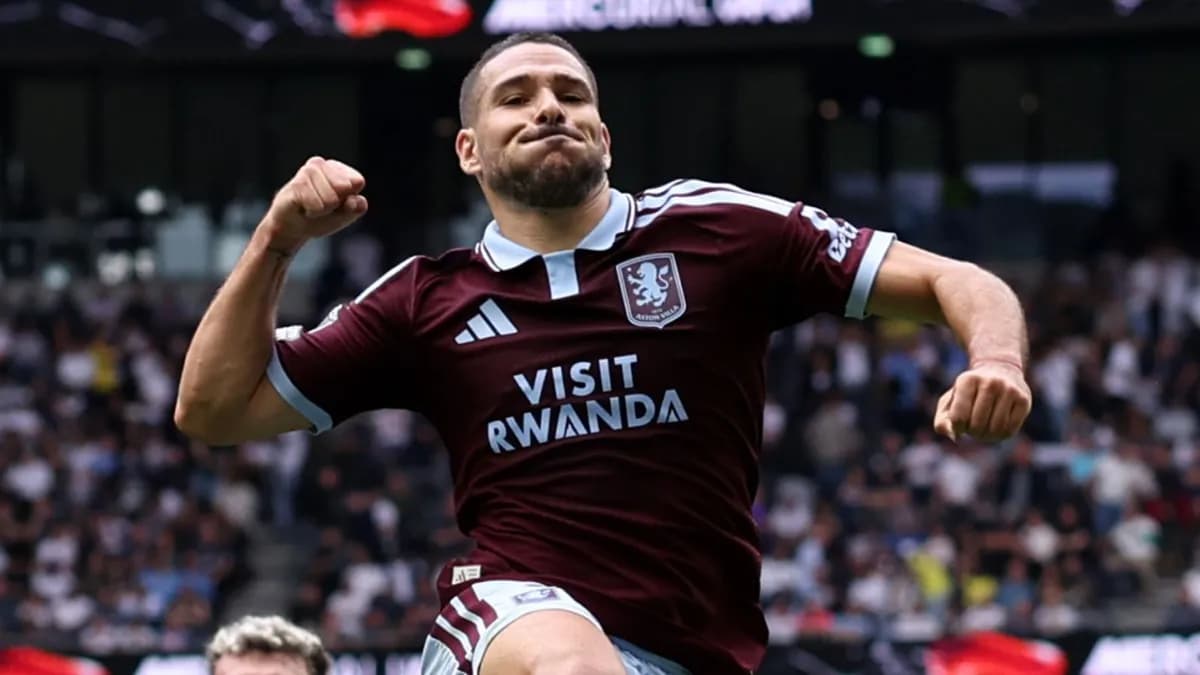 Aston Villa midfielder Emi Buendia punches the air in celebration at Tottenham Hotspur Stadium during Villa’s 3-2 win in September 2026