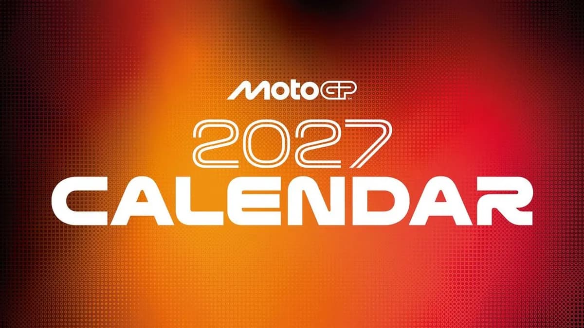 Official MotoGP 2027 Calendar title graphic in white lettering on a glowing orange and red dotted background